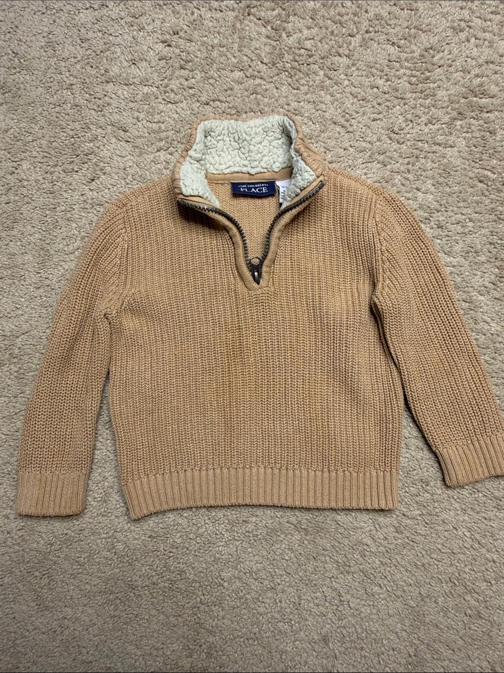 The Children's Place Tan Knit Half-Zip Sweater with Cream Sherpa Collar